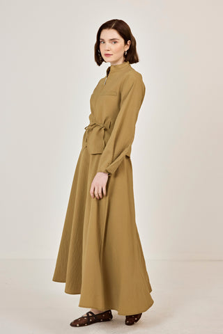 Fermuar Detaylı Etekli Takım Yağ Yeşili