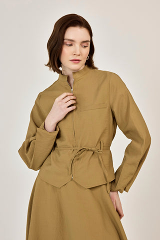 Fermuar Detaylı Etekli Takım Yağ Yeşili