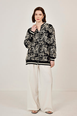 Nakışlı şifon Fermuar Detaylı Ceket Siyah