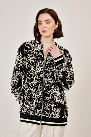 Nakışlı şifon Fermuar Detaylı Ceket Siyah