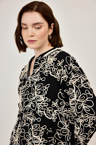 Nakışlı şifon Fermuar Detaylı Ceket Siyah