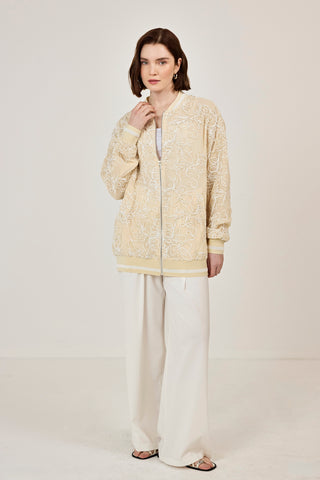 Nakışlı şifon Fermuar Detaylı Ceket Bej