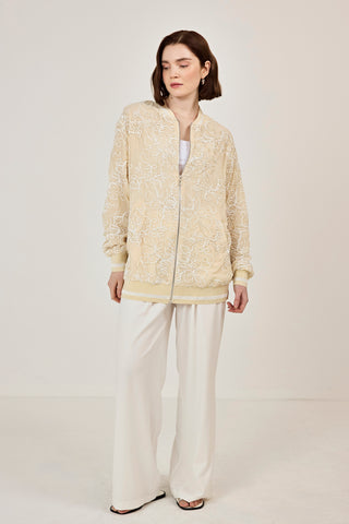 Nakışlı şifon Fermuar Detaylı Ceket Bej