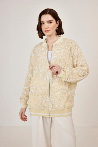 Nakışlı şifon Fermuar Detaylı Ceket Bej