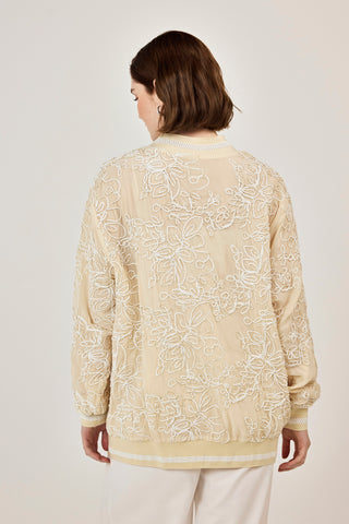 Nakışlı şifon Fermuar Detaylı Ceket Bej