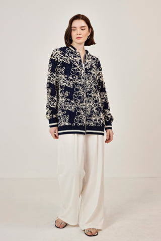 Nakışlı şifon Fermuar Detaylı Ceket Lacivert