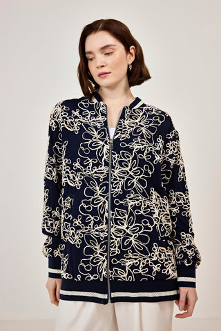 Nakışlı şifon Fermuar Detaylı Ceket Lacivert