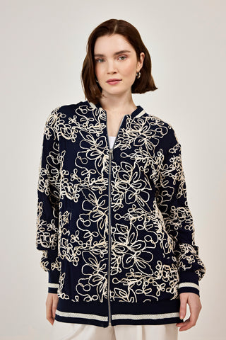 Nakışlı şifon Fermuar Detaylı Ceket Lacivert