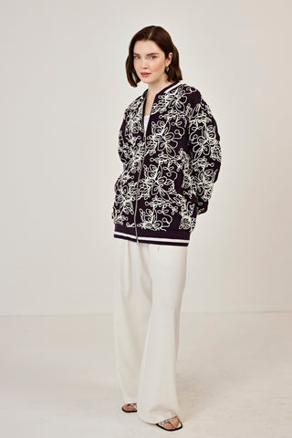 Nakışlı şifon Fermuar Detaylı Ceket Mürdüm