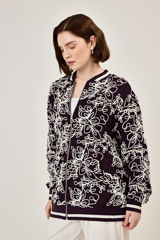 Nakışlı şifon Fermuar Detaylı Ceket Mürdüm