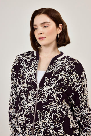 Nakışlı şifon Fermuar Detaylı Ceket Mürdüm