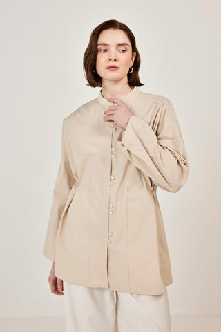 Birit Detaylı Poplin Gömlek Bej