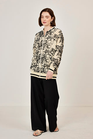 Nakışlı şifon Fermuar Detaylı Ceket Bej-Siyah