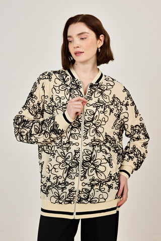 Nakışlı şifon Fermuar Detaylı Ceket Bej-Siyah