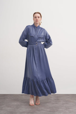 Boydan Düğmeli Kuşaklı Elbise - Lacivert
