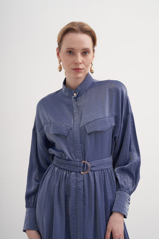 Boydan Düğmeli Kuşaklı Elbise - Lacivert