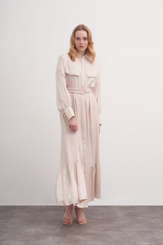 Boydan Düğmeli Kuşaklı Elbise - Bej