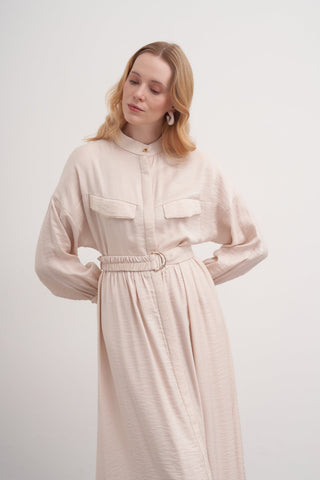 Boydan Düğmeli Kuşaklı Elbise - Bej