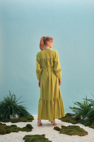 Broşlu Cupro Elbise - Yağ Yeşili
