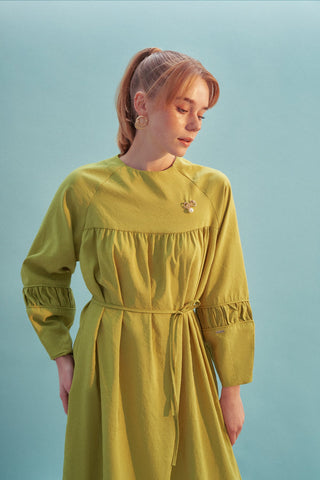 Broşlu Cupro Elbise - Yağ Yeşili
