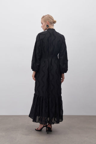 Güpür Detaylı Şifon Elbise - Siyah