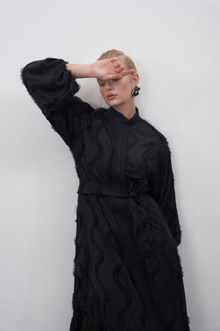 Güpür Detaylı Şifon Elbise - Siyah