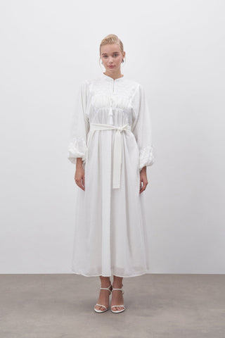 Simli Şifon Elbise - Beyaz