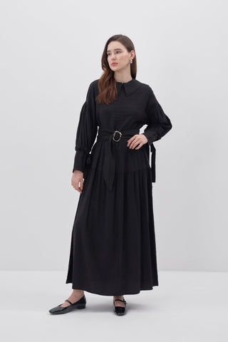 Yaka Detaylı Modal Elbise - Siyah