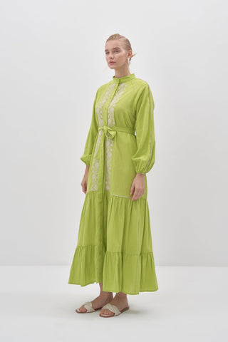 Nakış Detaylı Keten Elbise - Yağ Yeşili