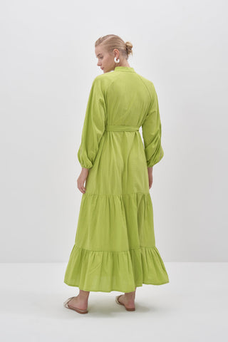 Nakış Detaylı Keten Elbise - Yağ Yeşili