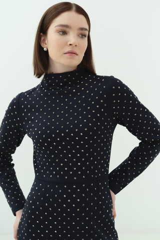 Taşlı Scuba Kalem Elbise Lacivert