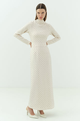 Taşlı Scuba Kalem Elbise Vanilya