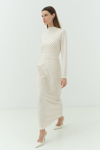 Taşlı Scuba Kalem Elbise Vanilya