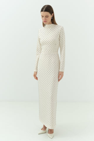 Taşlı Scuba Kalem Elbise Vanilya