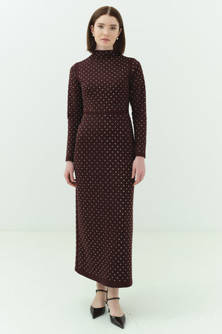 Taşlı Scuba Kalem Elbise Bordo
