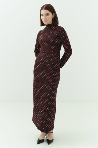Taşlı Scuba Kalem Elbise Bordo