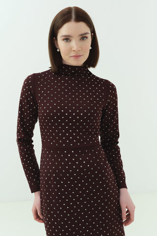 Taşlı Scuba Kalem Elbise Bordo