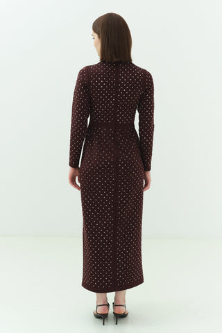 Taşlı Scuba Kalem Elbise Bordo