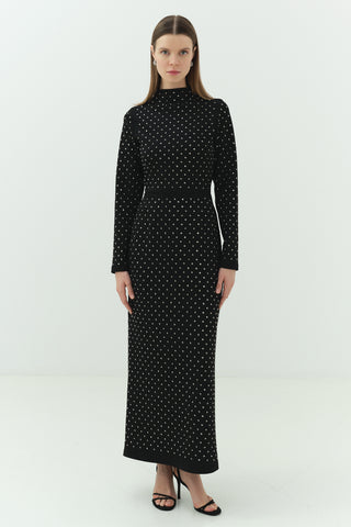 Taşlı Scuba Kalem Elbise Siyah