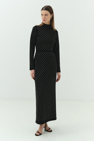 Taşlı Scuba Kalem Elbise Siyah