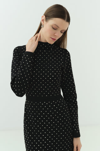 Taşlı Scuba Kalem Elbise Siyah