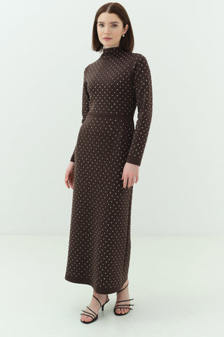 Taşlı Scuba Kalem Elbise Kahverengi