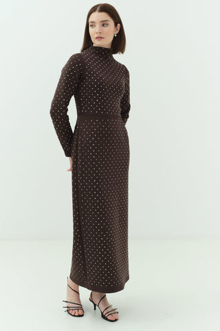 Taşlı Scuba Kalem Elbise Kahverengi