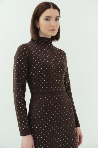 Taşlı Scuba Kalem Elbise Kahverengi