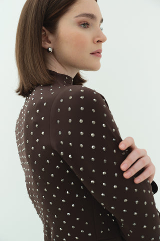 Taşlı Scuba Kalem Elbise Kahverengi