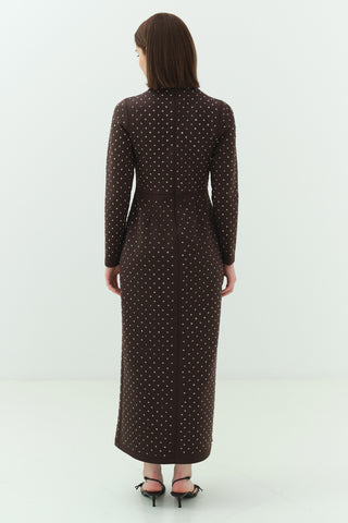 Taşlı Scuba Kalem Elbise Kahverengi