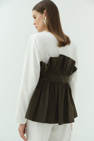 Büzgü Korsaj Detaylı Ceket Pantolon Takım Haki