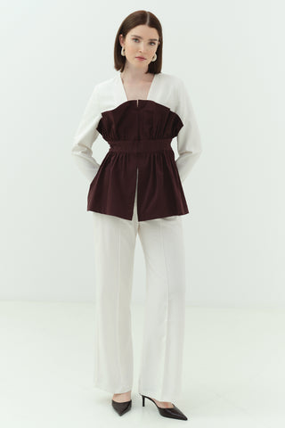 Büzgü Korsaj Detaylı Ceket Pantolon Takım Bordo