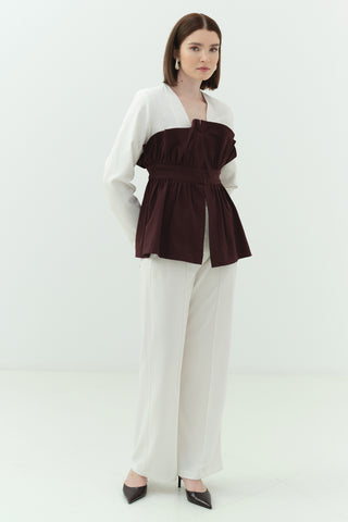 Büzgü Korsaj Detaylı Ceket Pantolon Takım Bordo