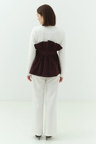 Büzgü Korsaj Detaylı Ceket Pantolon Takım Bordo